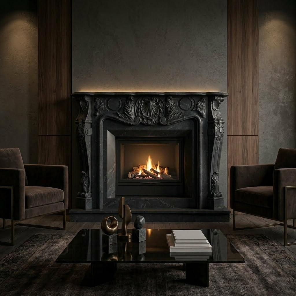 Semineu decorativ din piatra naturala model Galaxy din granit negru premium de lux VELTHOR