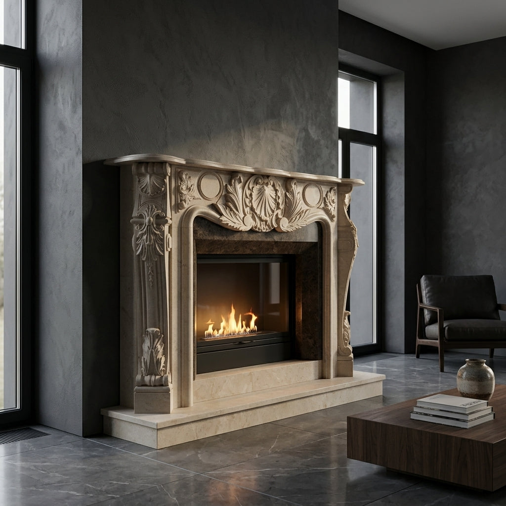 Vedere frontala a cadrului de semineu Galaxy din piatra naturala dimensiuni standard 1450x1200x300mm VELTHOR