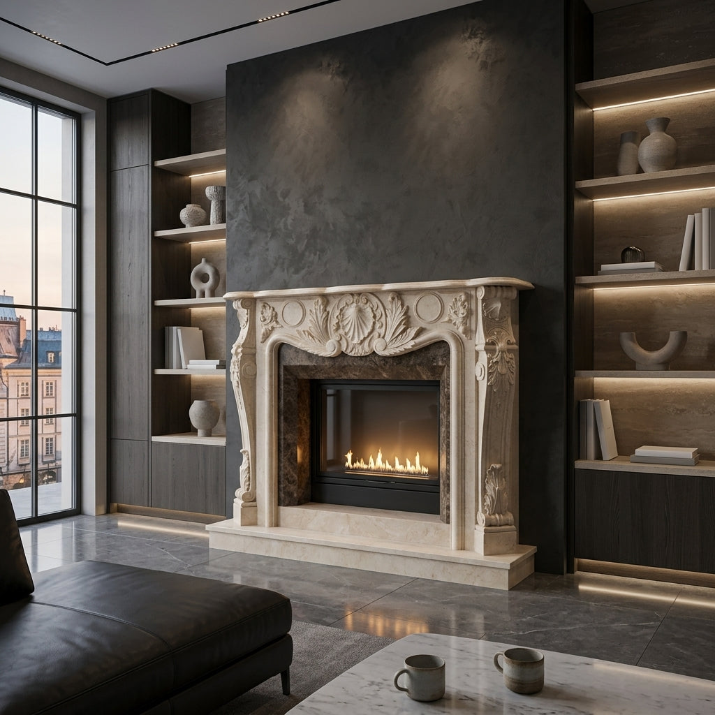 Detaliu cornisa superioara profilata elegant pe masca de semineu neoclasica Galaxy VELTHOR