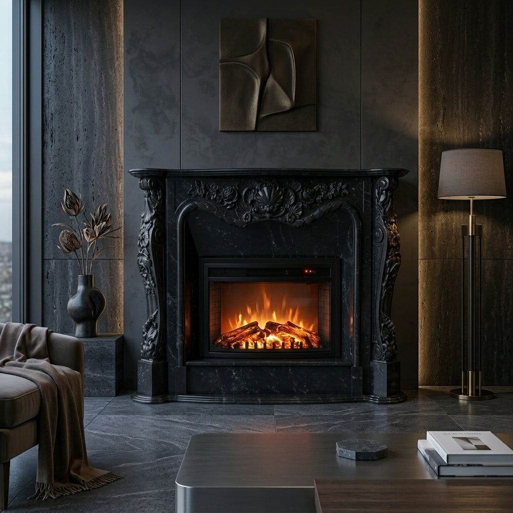Semineu decorativ din piatra naturala model Grace din granit negru luxos cu detalii sculptate VELTHOR