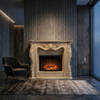 Design arhitectural premium cu detalii sculptate simetric pe friza centrala a caminului Grace VELTHOR
