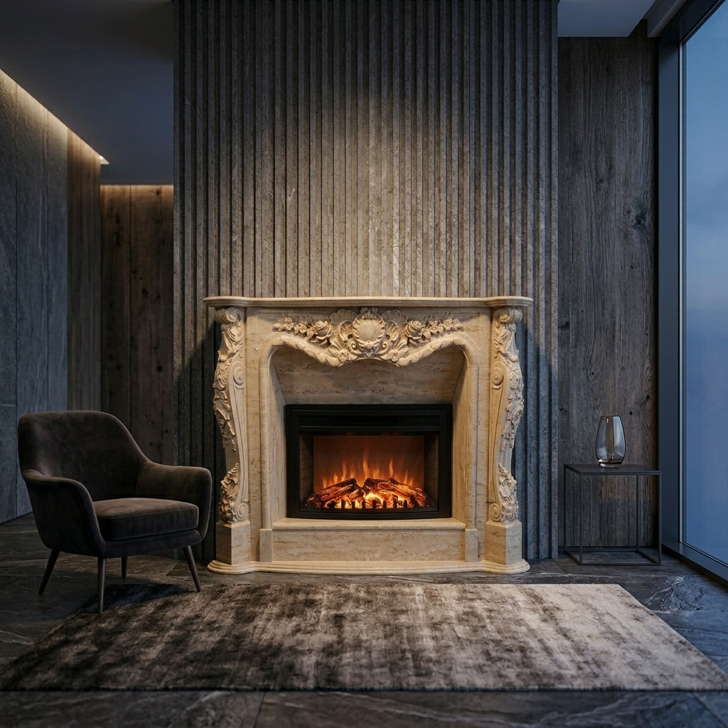 Design arhitectural premium cu detalii sculptate simetric pe friza centrala a caminului Grace VELTHOR