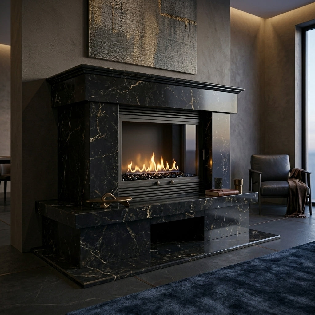 Semineu decorativ din piatra naturala model Helios finisaj granit negru de lux VELTHOR
