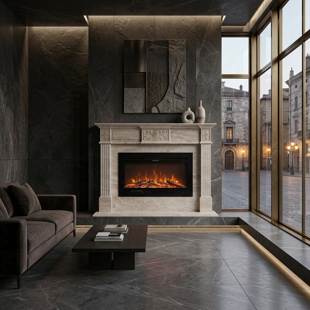 Vedere frontala a portalului de semineu Lada din marmura dimensiuni standard 1450x1200x300mm VELTHOR