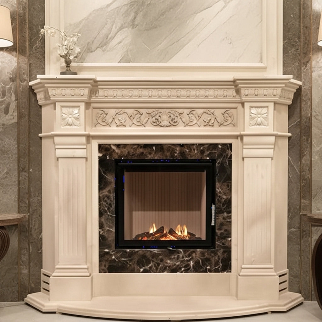 Vedere frontala a portalului de semineu Luna din marmura dimensiuni standard 1450x1200x300mm VELTHOR