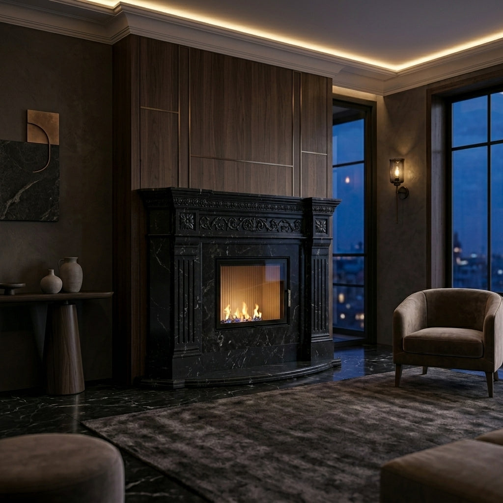 Semineu decorativ din piatra naturala model Luna din granit negru lucios de lux VELTHOR