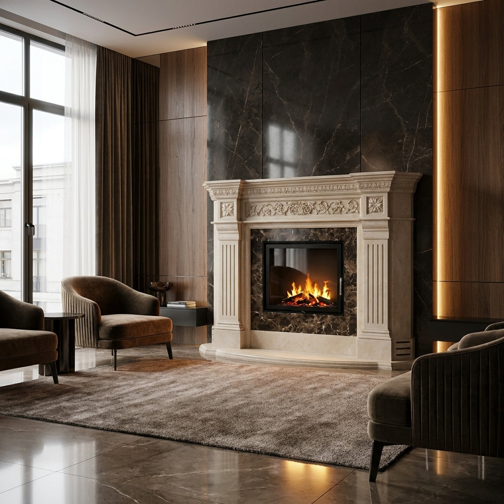 Design arhitectural premium cu forma convexa si finisaj organic pentru caminul Luna VELTHOR