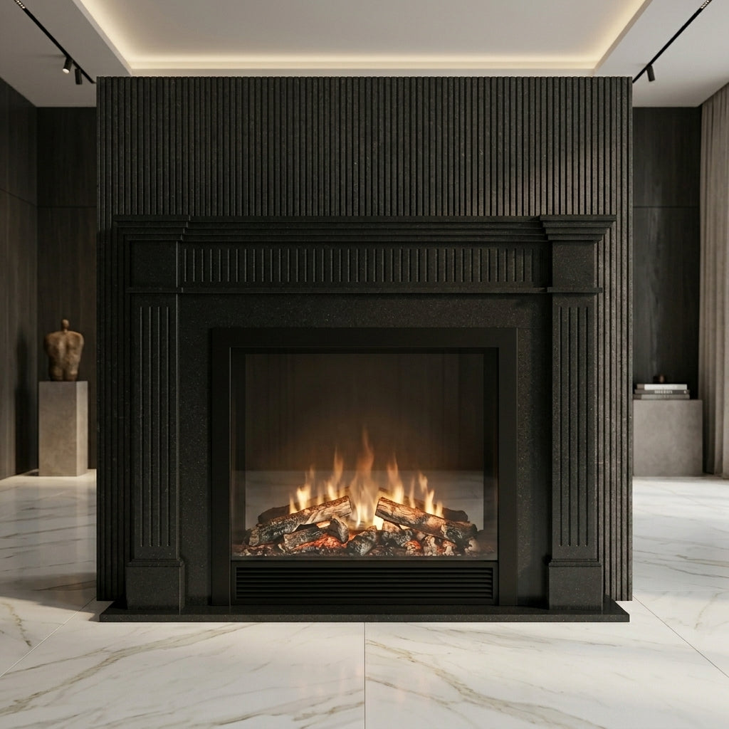 Semineu decorativ din piatra naturala model Lyra din granit negru premium VELTHOR
