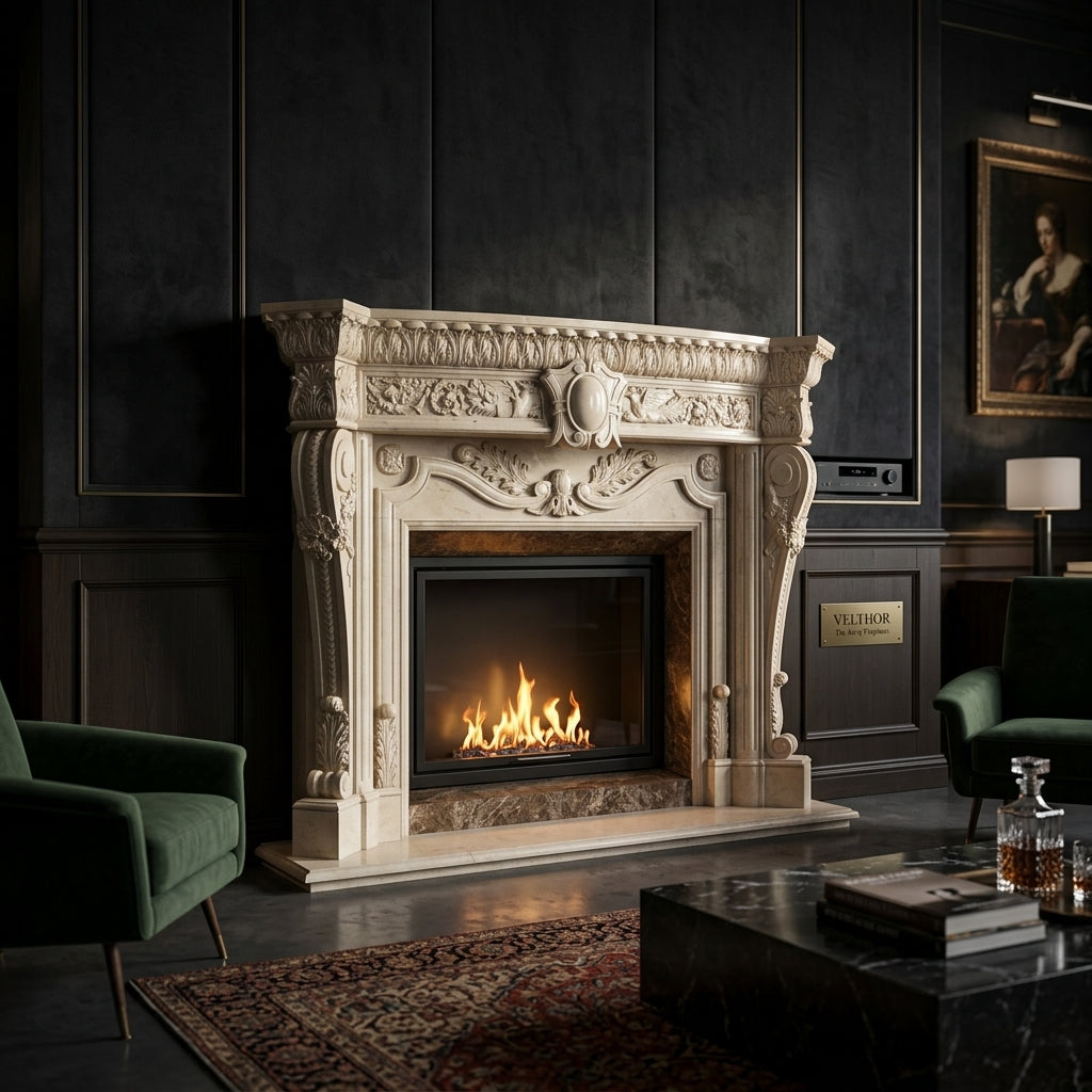 Masca de semineu din piatra naturala Milan dimensiuni standard 1450x1200x300mm VELTHOR