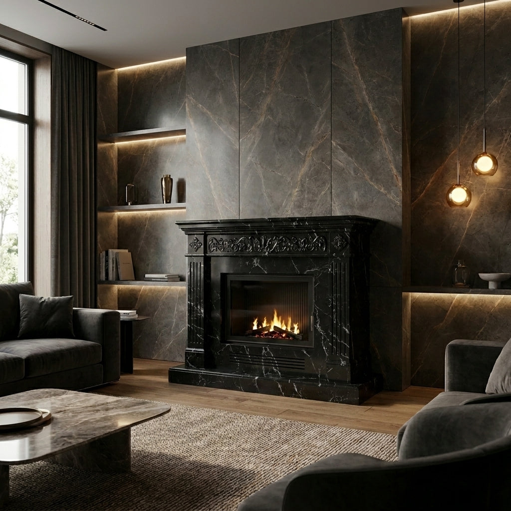 Semineu decorativ din piatra naturala model MilkyWay din granit negru premium de lux VELTHOR