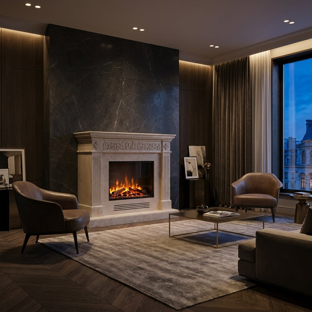 Design arhitectural premium cu pilastri canelati si capiteluri geometrice pentru caminul MilkyWay VELTHOR