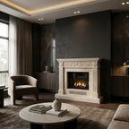 Vedere frontala a cadrului de semineu MilkyWay din marmura dimensiuni standard 1450x1200x300mm VELTHOR