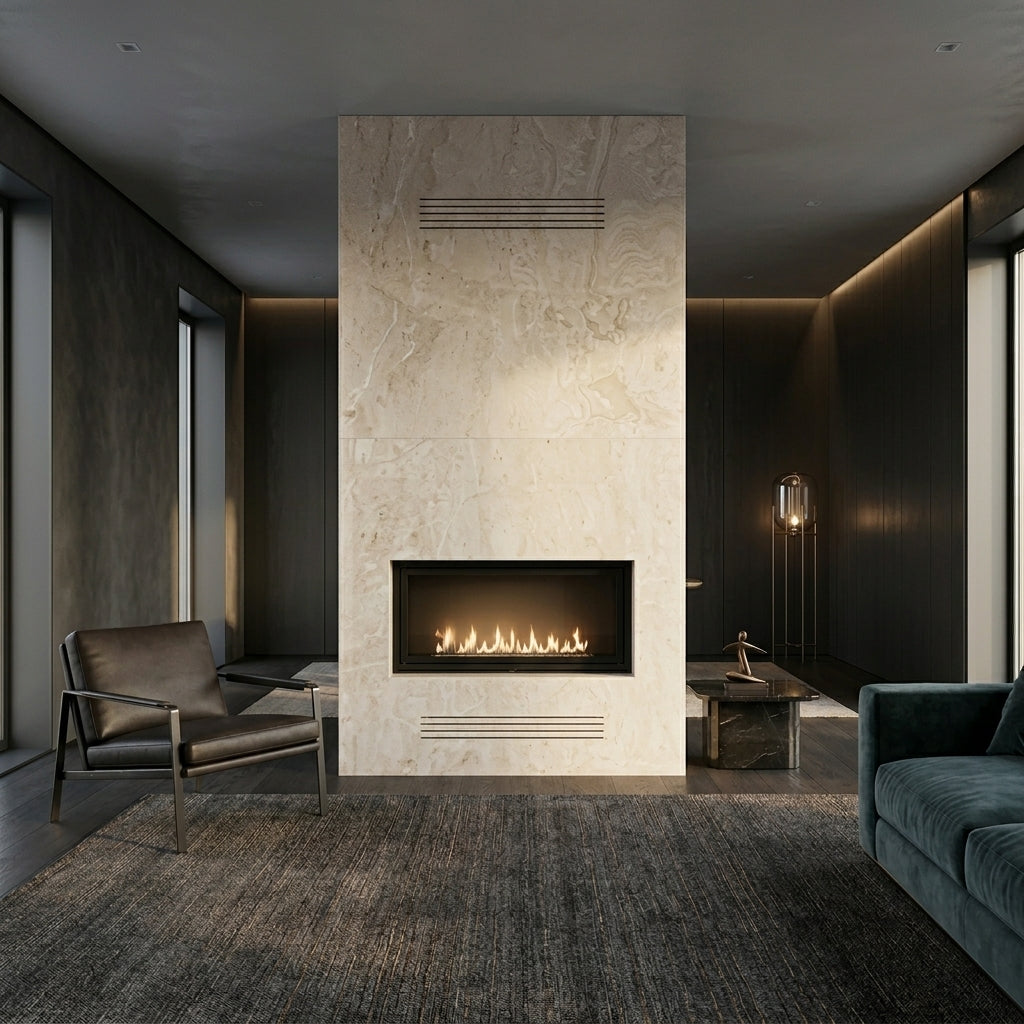 Detaliu imbinari impecabile si muchii perfect drepte pe portalul de semineu monolit Modern VELTHOR