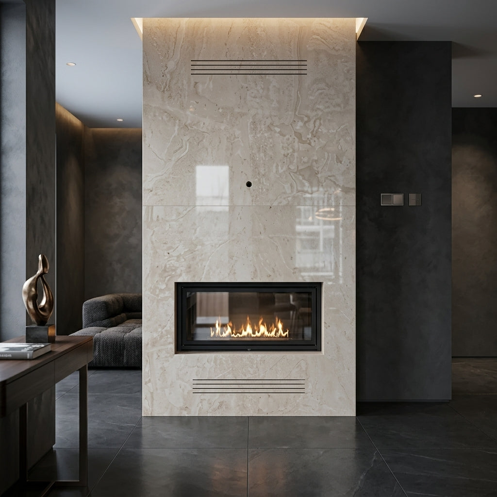 Vedere frontala a portalului sobru Modern din piatra naturala finisata dimensiuni 1450x1200x300mm VELTHOR