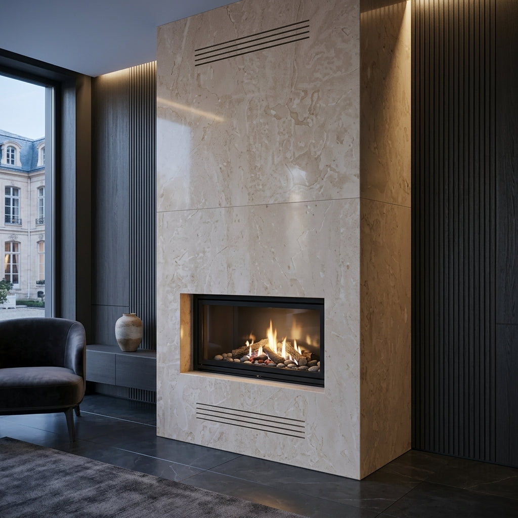 Design arhitectural premium de forma rectangulara si aspect minimalist pentru caminul masiv Modern VELTHOR