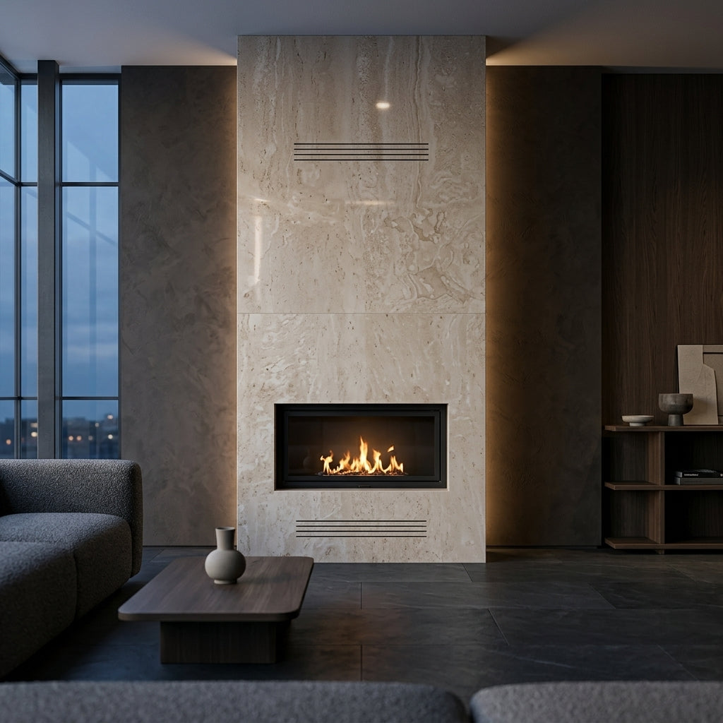 Amenajare living contemporan de lux in Chisinau cu masca de semineu din piatra naturala Modern VELTHOR