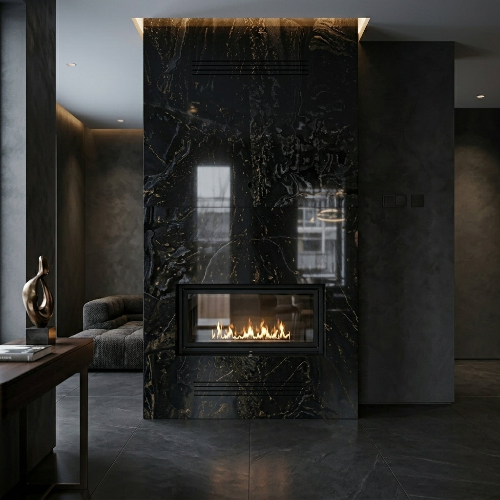 Semineu decorativ din piatra naturala model Modern din granit negru lucios tip block-design VELTHOR