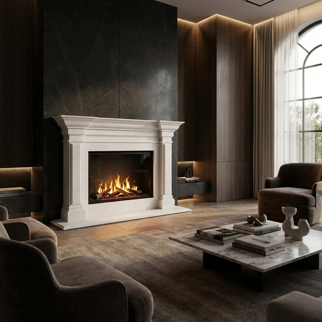 Design arhitectural premium cu ghirlande vegetale pe friza superioara a caminului Nova VELTHOR