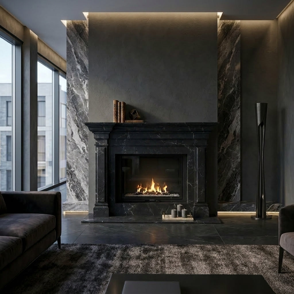 Semineu decorativ din piatra naturala model Nova din granit negru premium de lux VELTHOR