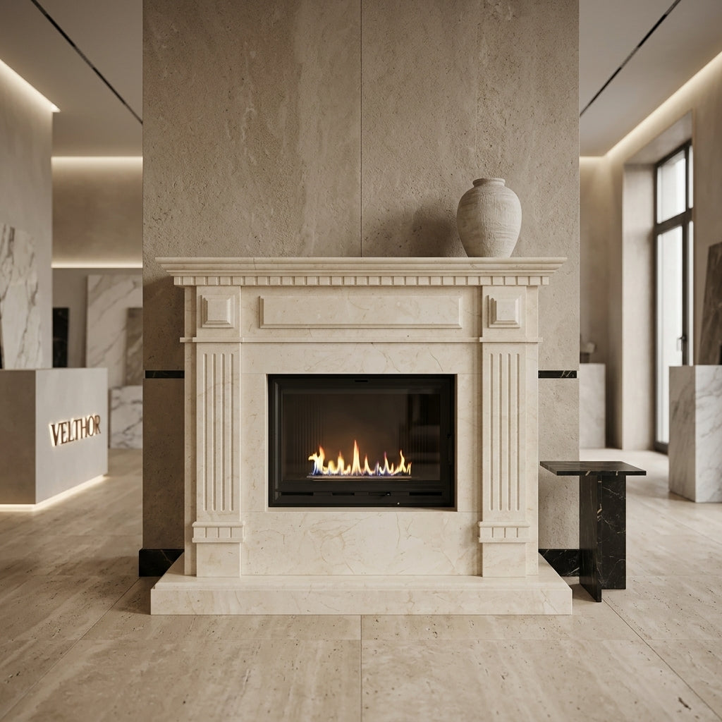 Atmosferă elegantă și caldă de seară creată în jurul căminului din piatră Orhei – VELTHOR