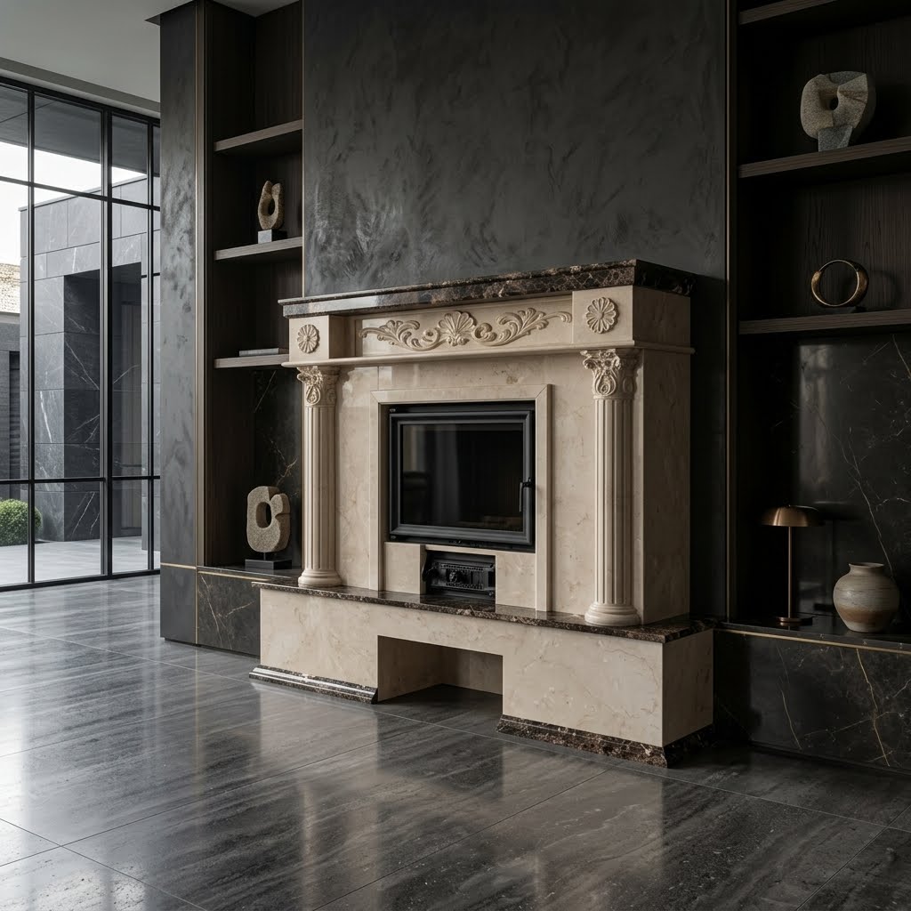 Design arhitectural premium cu rama interna din marmura maro cu venaturi pentru caminul Orion VELTHOR