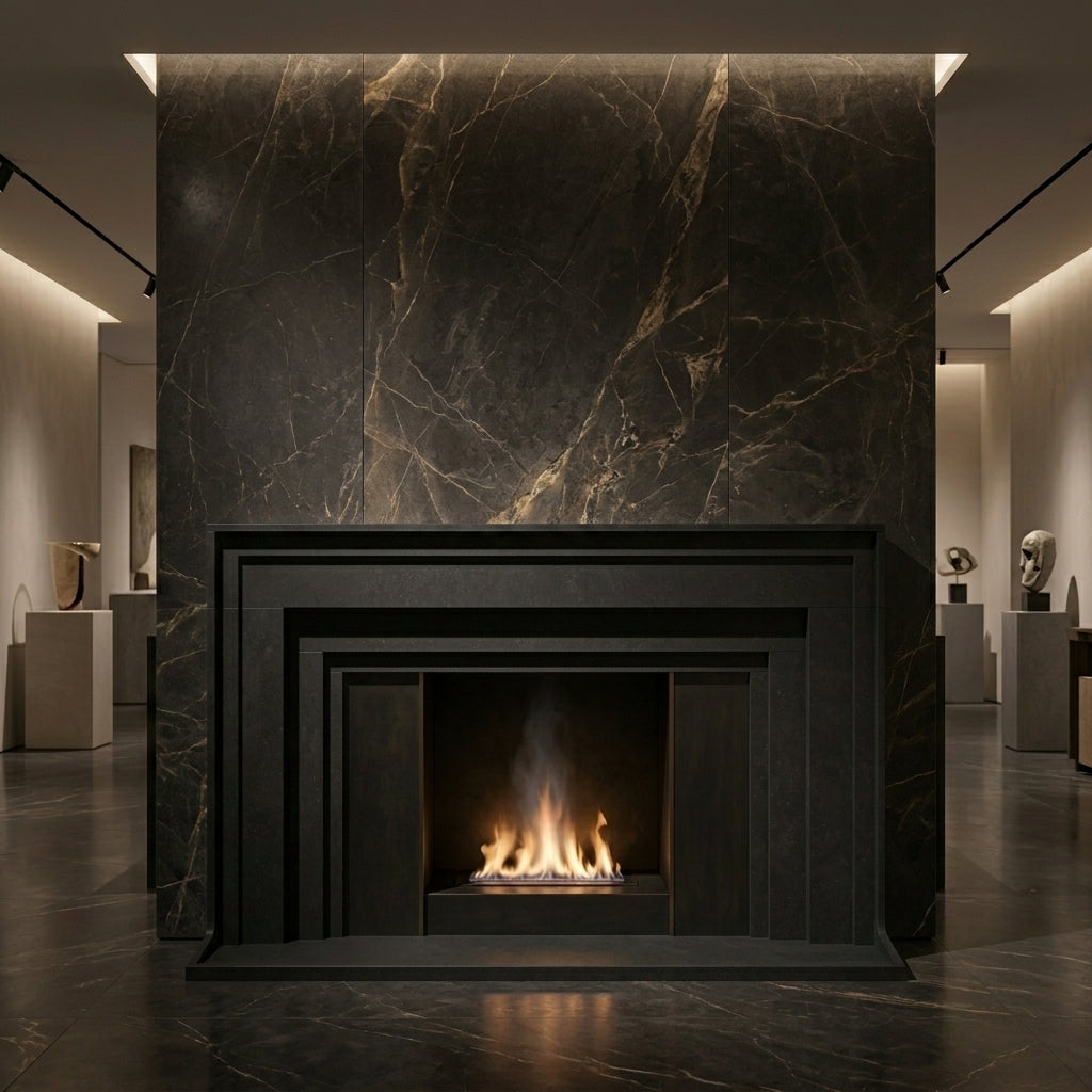Semineu decorativ din piatra naturala model Perseus din granit negru premium VELTHOR