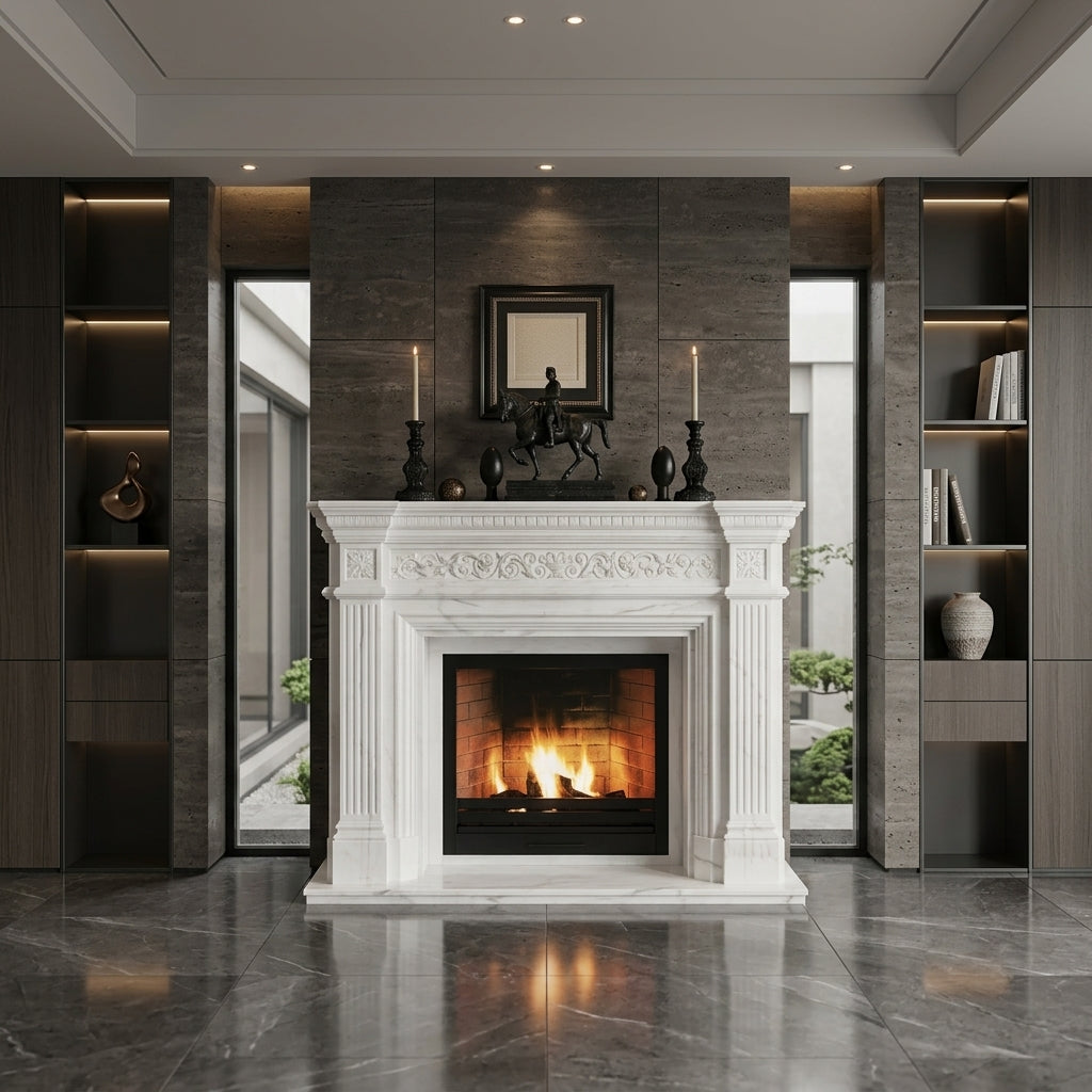 Design arhitectural premium cu antablament decorat cu figuri mitologice pe caminul Preston II VELTHOR