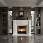 Design arhitectural premium cu antablament decorat cu figuri mitologice pe caminul Preston II VELTHOR