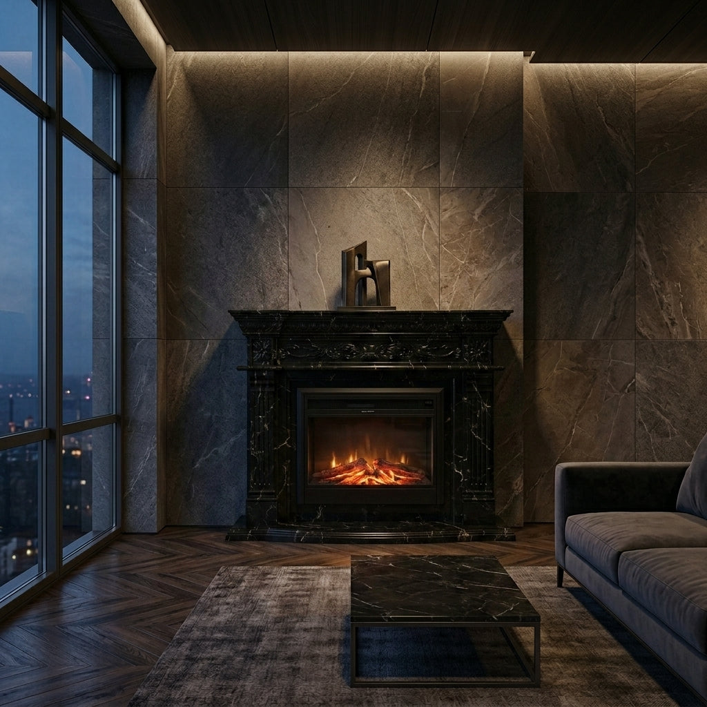 Semineu decorativ din piatra naturala model Preston II din granit negru premium de lux VELTHOR
