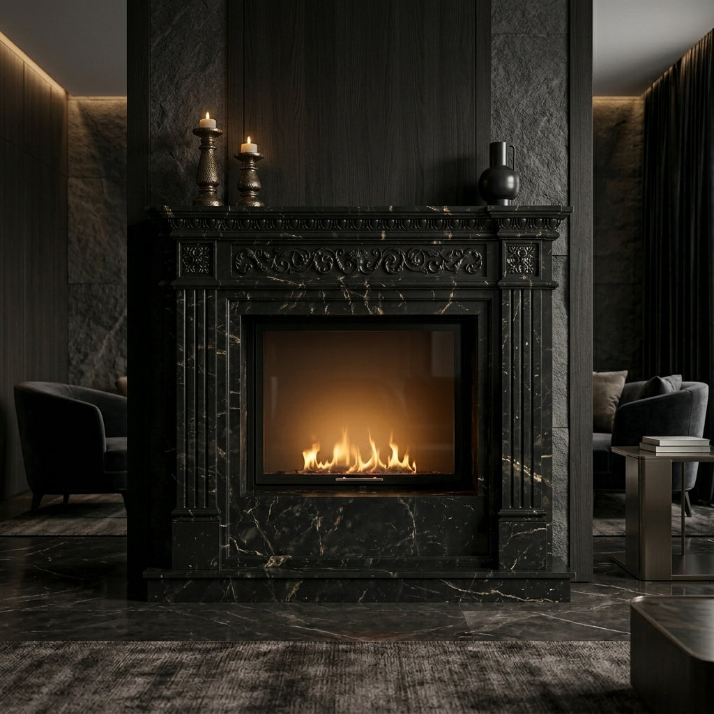Semineu decorativ din piatra naturala model Preston din granit negru premium VELTHOR