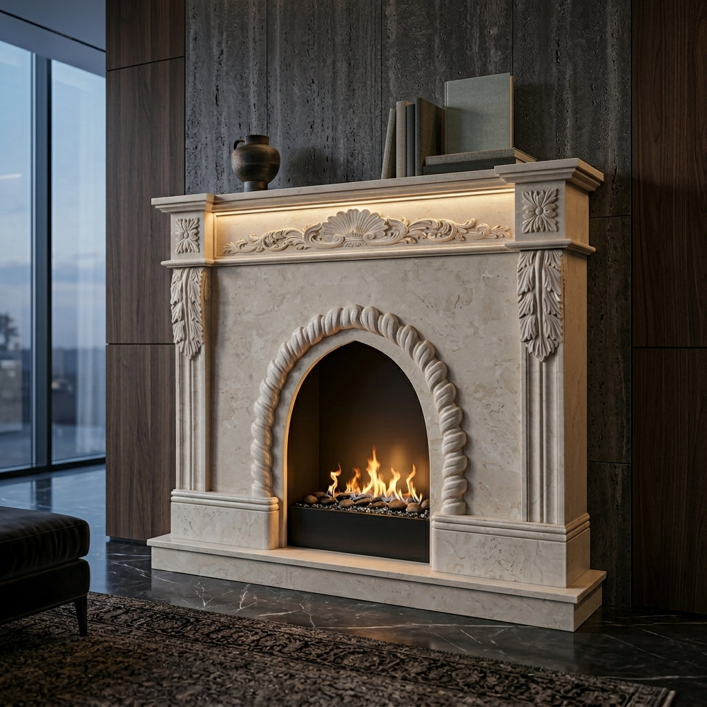 Design arhitectural premium cu sculpturi din frunze de acant si rozete pentru caminul Radiant VELTHOR