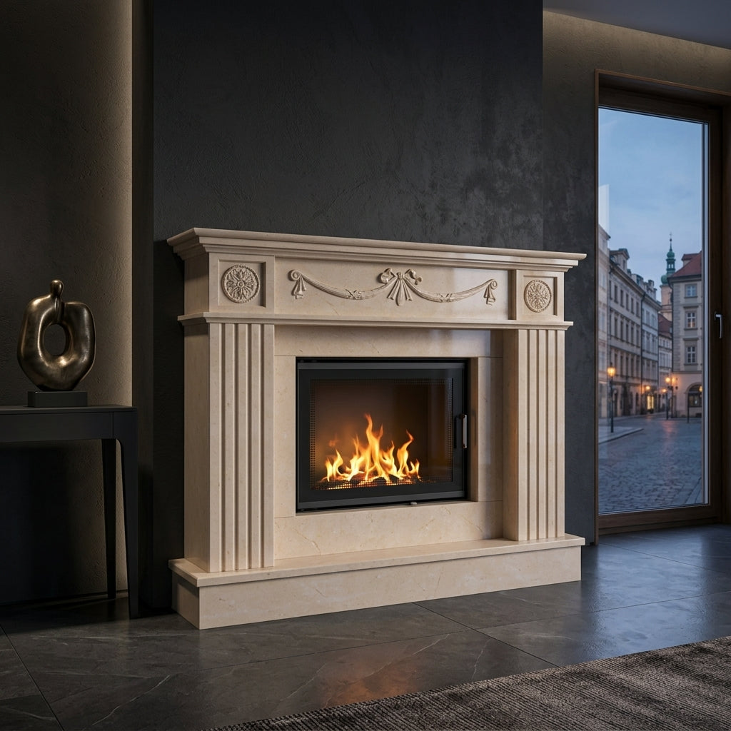 Camin din piatra naturala model Sirius din marmura bej cu pilastri striati in Chisinau VELTHOR