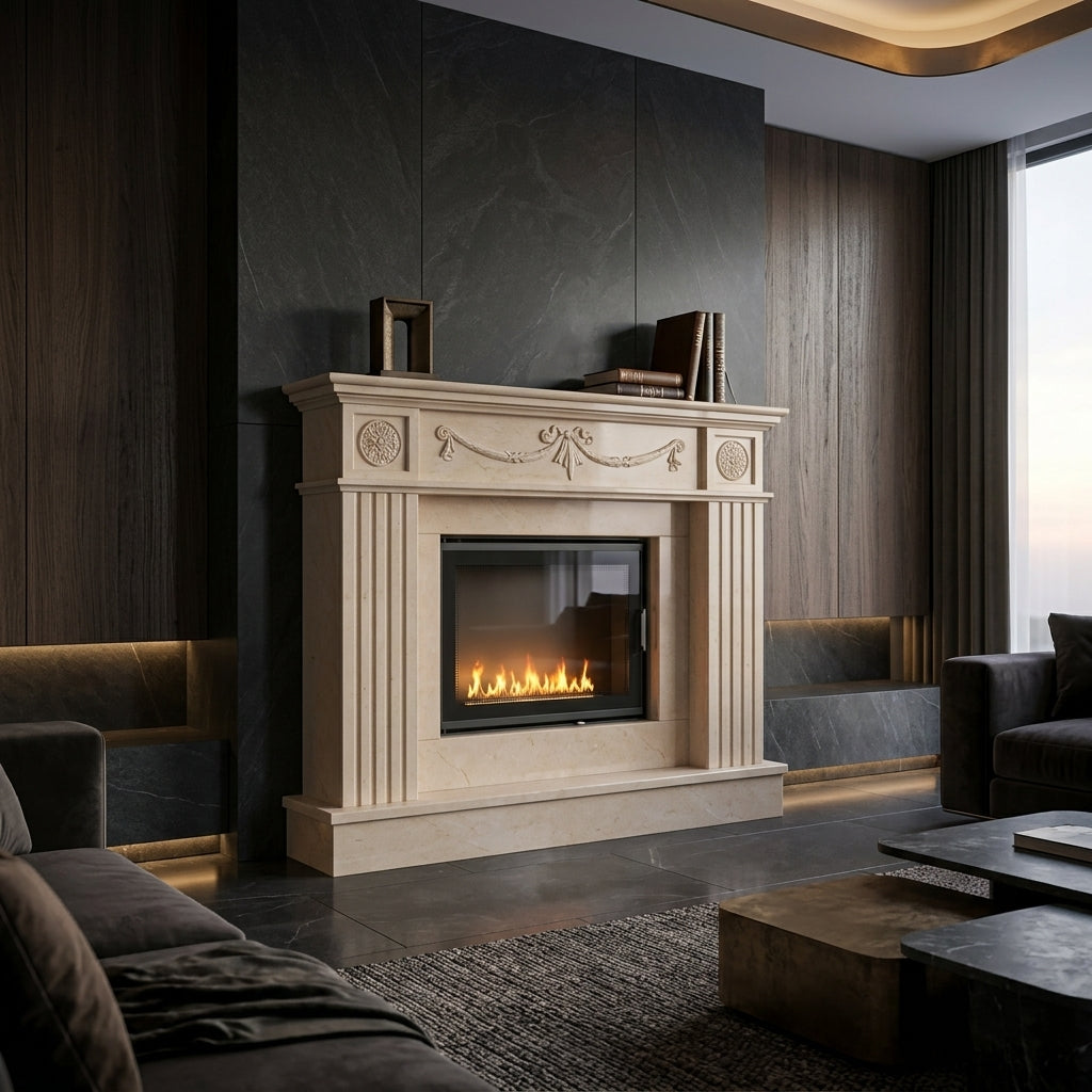 Design arhitectural premium cu friza sculptata discret pentru caminul Sirius VELTHOR