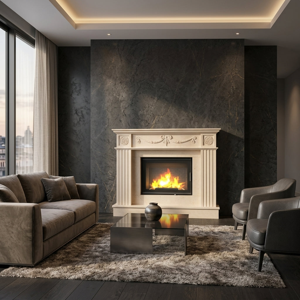 Amenajare living elegant in Chisinau cu portal din piatra naturala Sirius VELTHOR