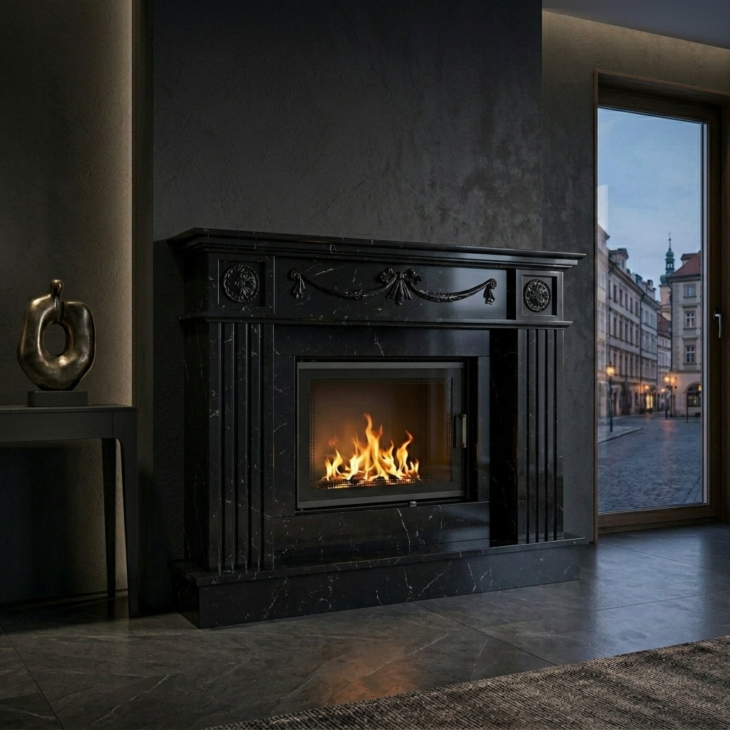 Semineu decorativ din piatra naturala model Sirius din granit negru premium VELTHOR