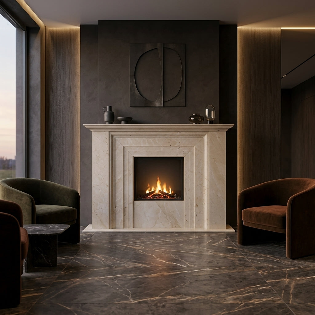 Design arhitectural premium cu linii curate si suprafete lise pentru caminul Solid VELTHOR