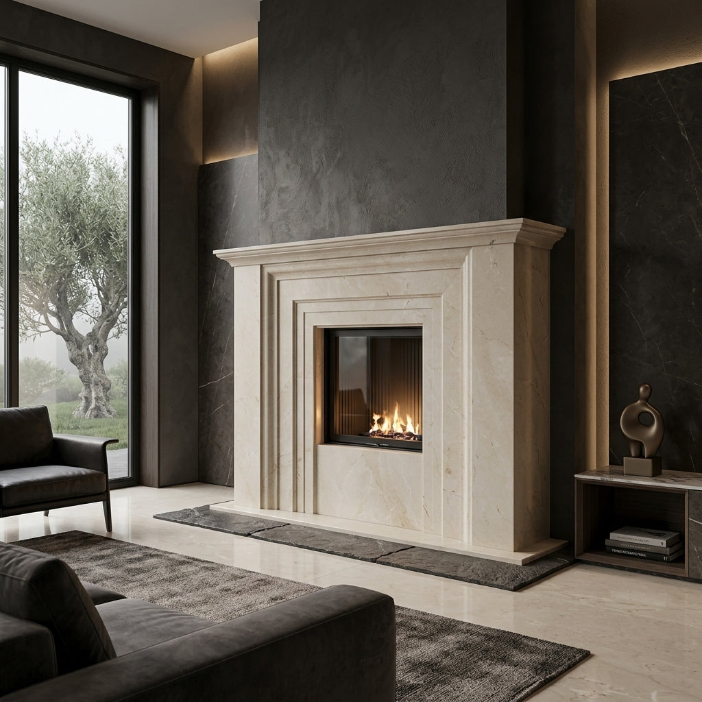 Detaliu cornisa geometrica profilata in trepte drepte pe semineul minimalist Solid VELTHOR