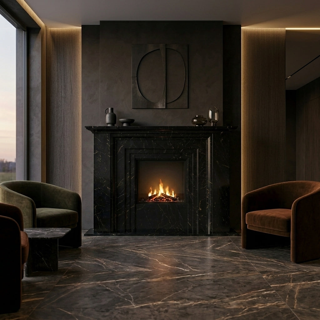 Semineu decorativ din piatra naturala model Solid din granit negru absolut de lux VELTHOR