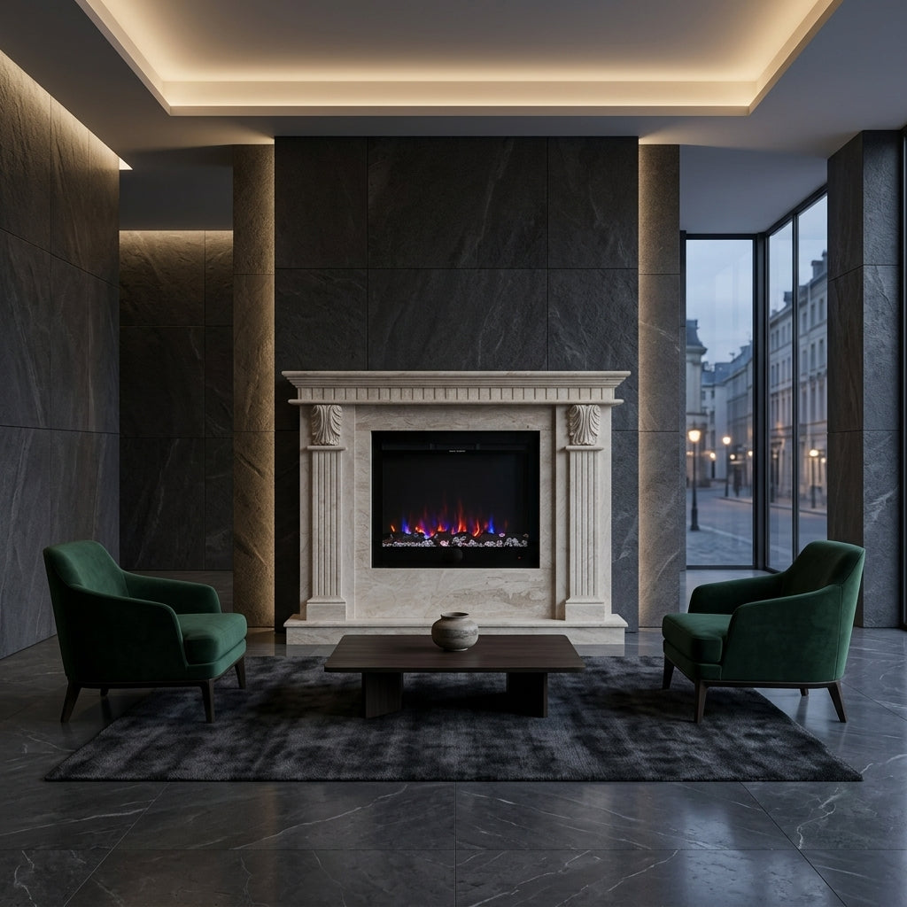 Amenajare living modern si elegant in Chisinau cu masca de semineu din piatra naturala Spark VELTHOR