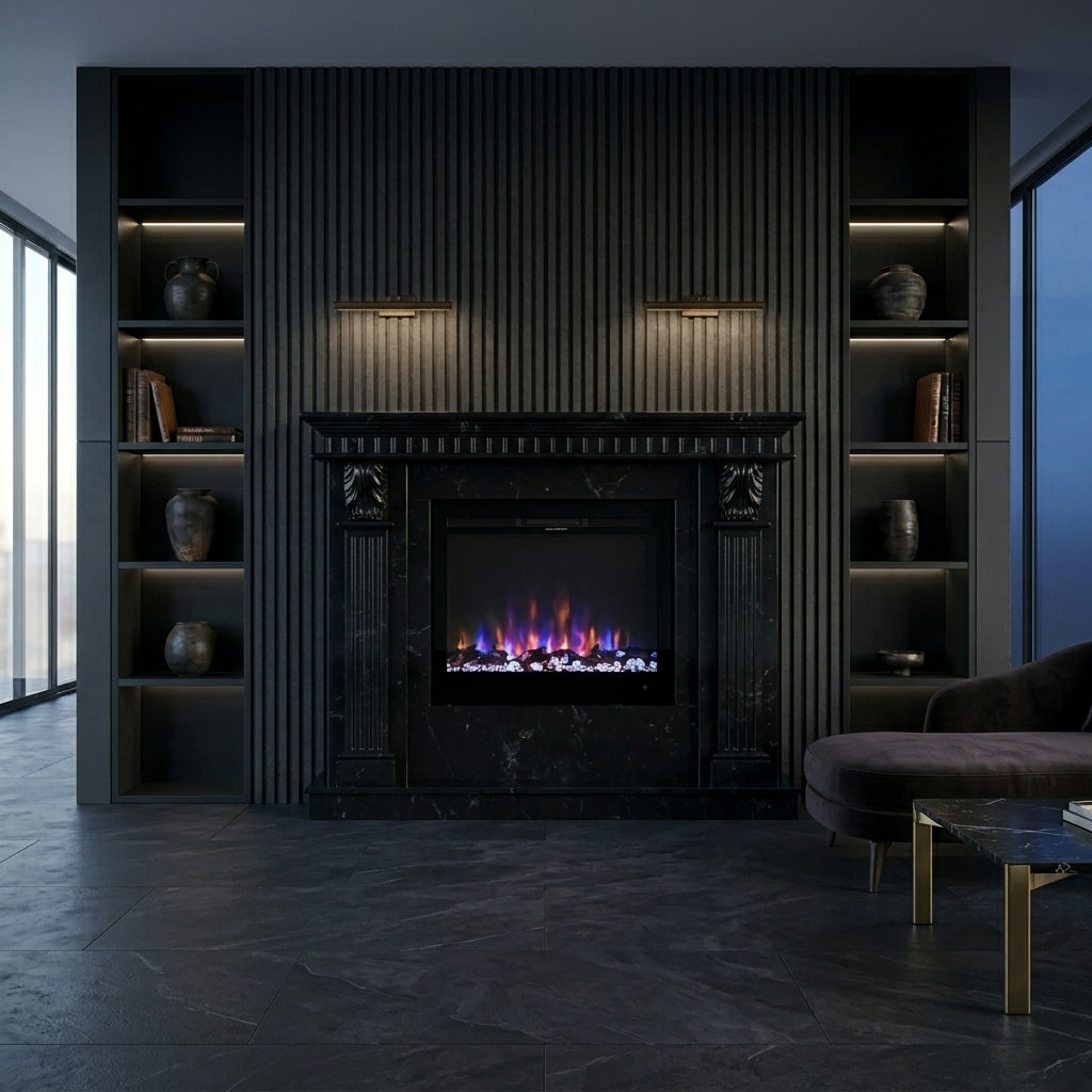 Semineu decorativ din piatra naturala model Spark din granit negru masiv de lux VELTHOR