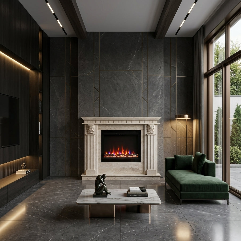 Amenajare living modern si elegant in Chisinau cu masca de semineu din piatra naturala Spark VELTHOR