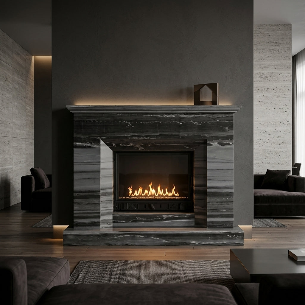 Semineu decorativ din piatra naturala model Square din granit negru premium pentru interioare luxoase VELTHOR