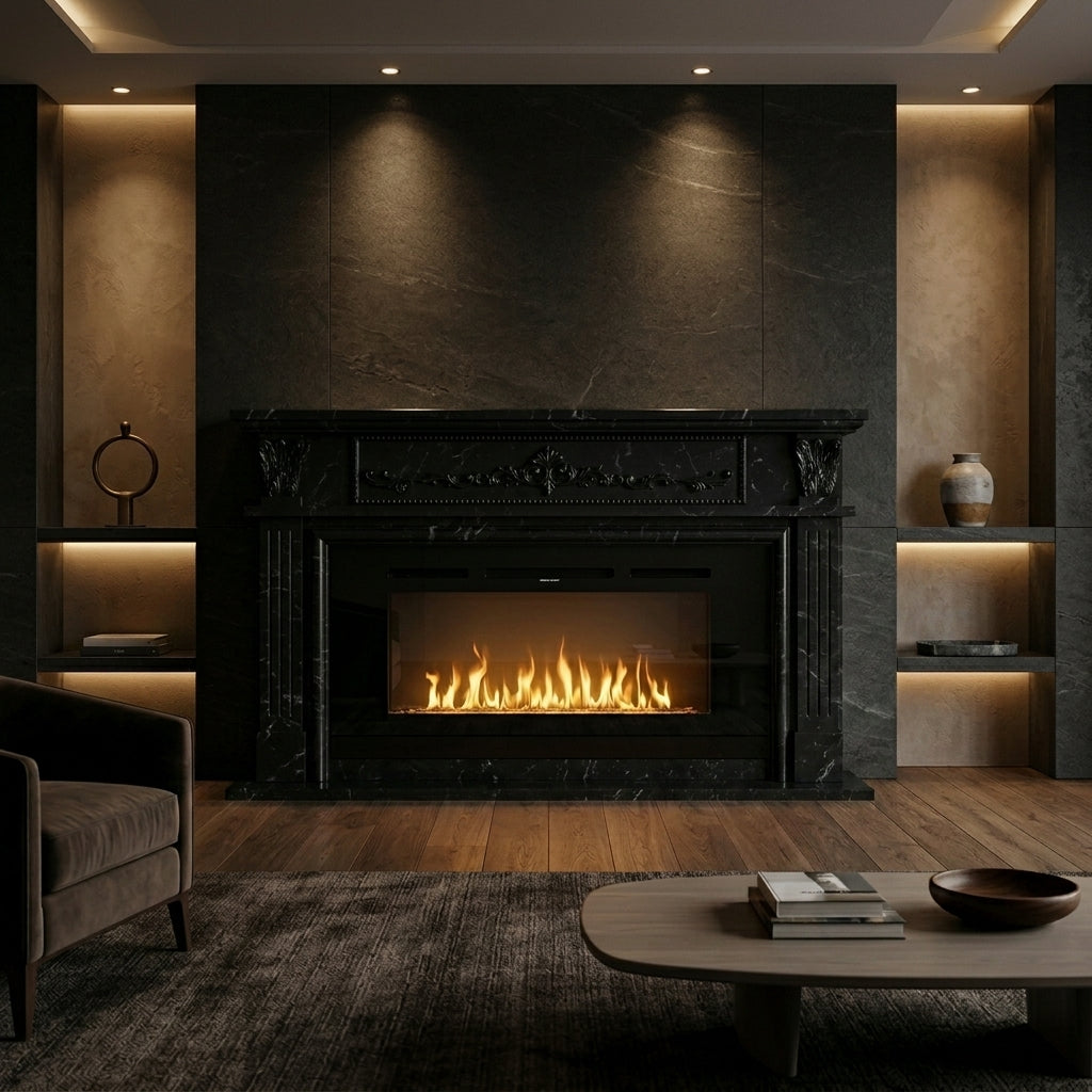 Semineu decorativ din piatra naturala model Starlight din granit negru premium de lux VELTHOR