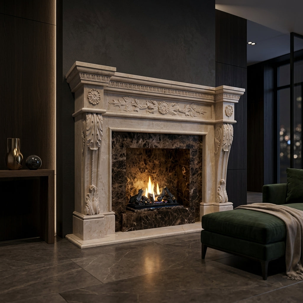 Design arhitectural premium cu detalii clasice pentru masca de semineu Vega VELTHOR