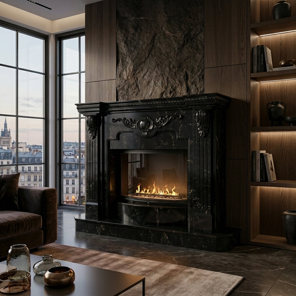 Semineu decorativ din piatra naturala model Vega din granit negru premium de lux VELTHOR