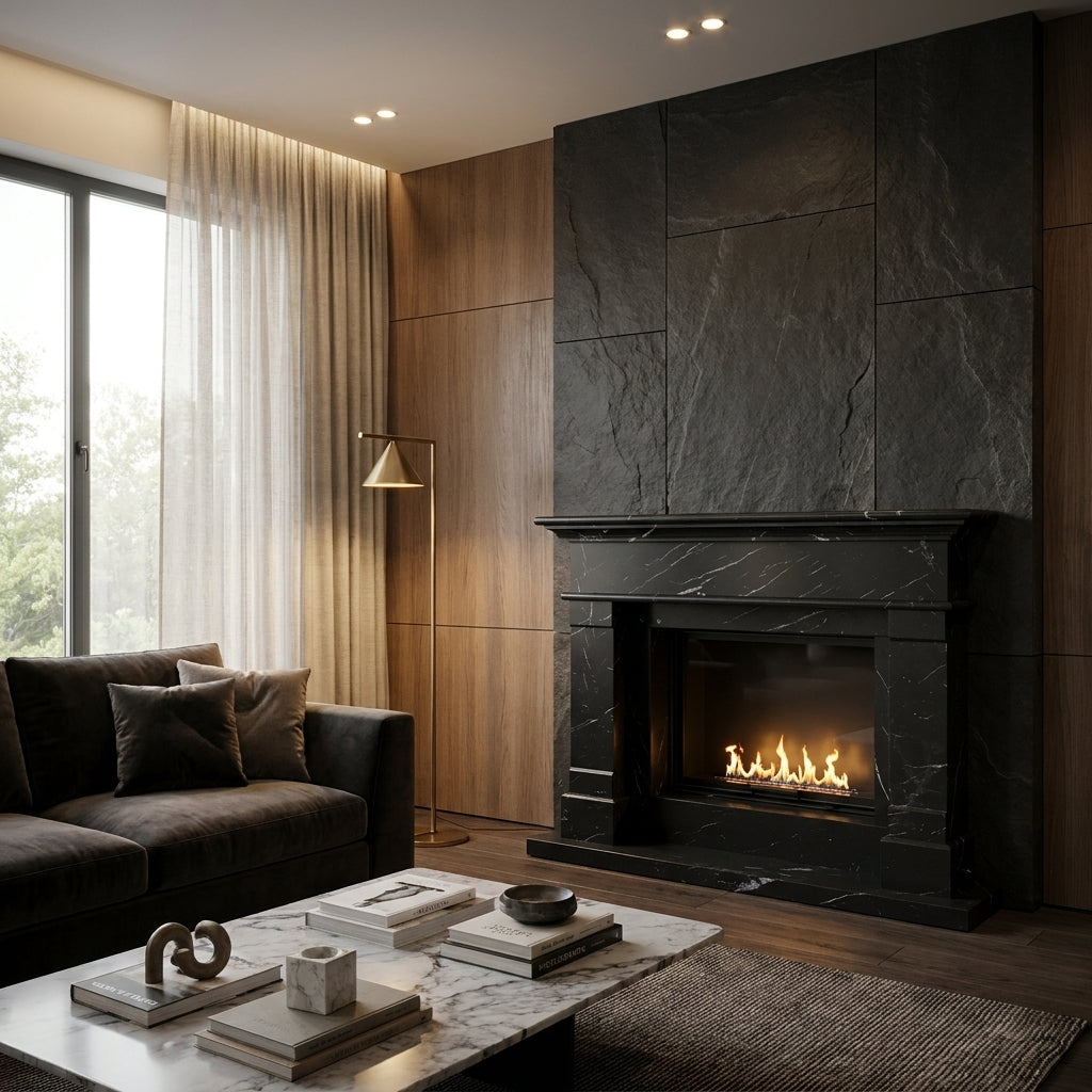 Design arhitectural premium cu elemente tip piramida diamantata si linii simetrice pentru caminul Venus VELTHOR