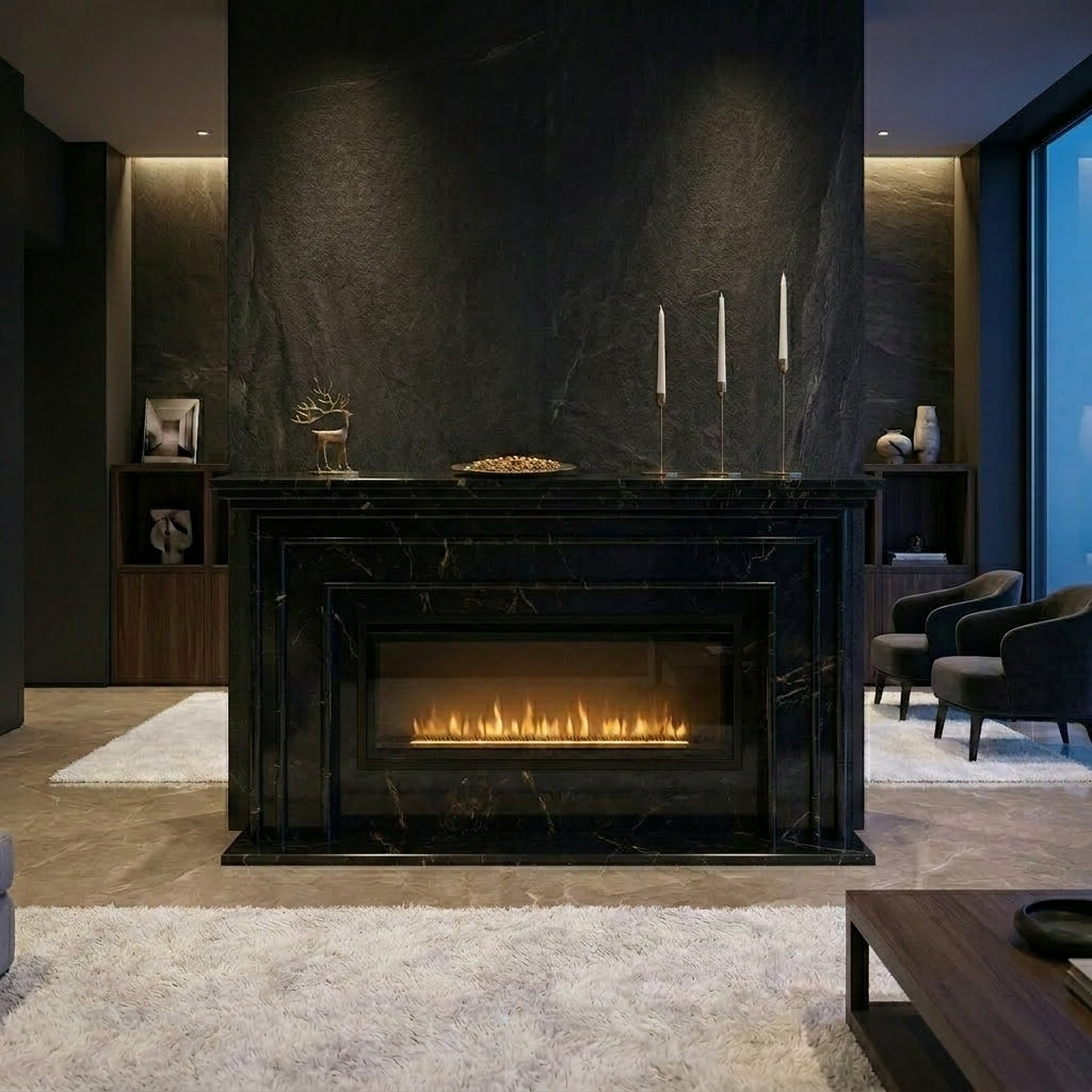 Semineu decorativ din piatra naturala model Verona din granit negru premium de lux VELTHOR