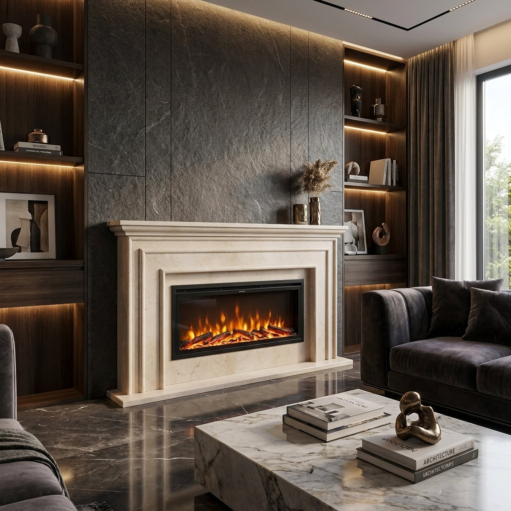 Design arhitectural premium cu cornișă simplă și linii simetrice curate pentru caminul Verona VELTHOR