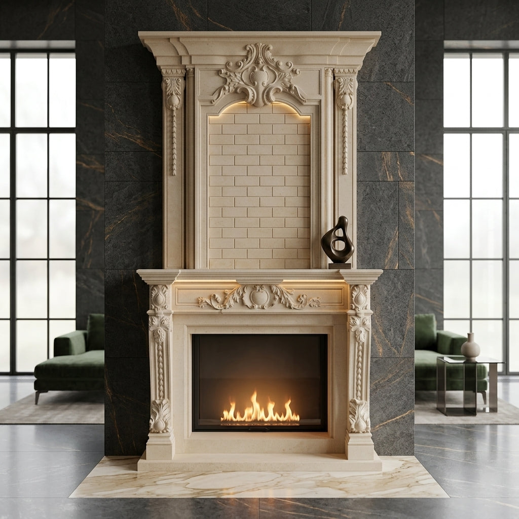 Masca de semineu din piatra Vienna dimensiuni de baza 1450x1200x300mm VELTHOR