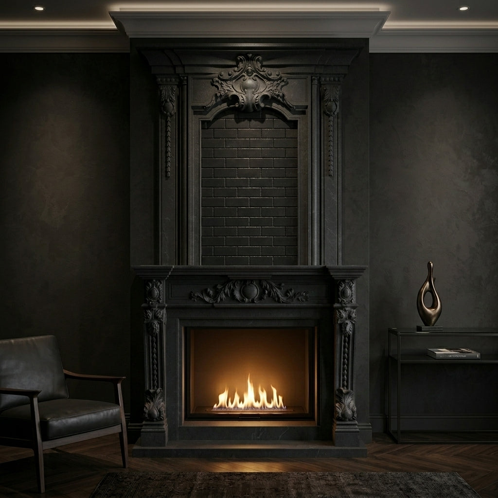 Semineu decorativ din piatra naturala model Vienna din granit negru luxos VELTHOR